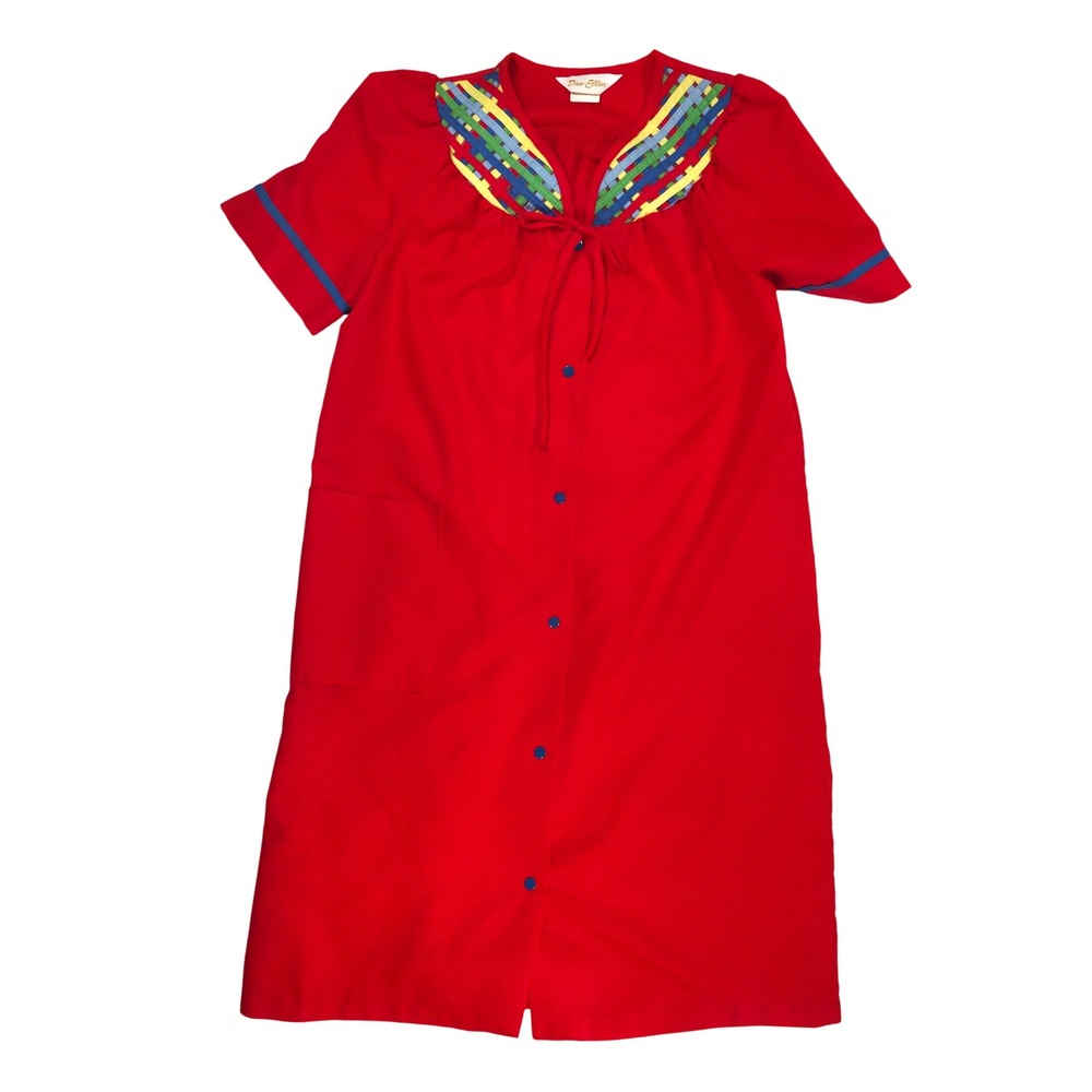 Vintage 80s Dan Ellen House Dress Red Blue Yellow Grandmacore‎ Kitsch Housecoat